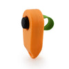 Orange pet training clicker with a black button and green strap