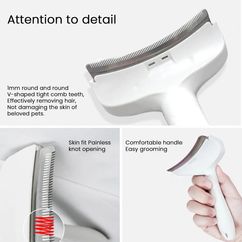Close-up of a white pet slicker brush showing the V-shaped teeth and a skin fit painless knot opening.