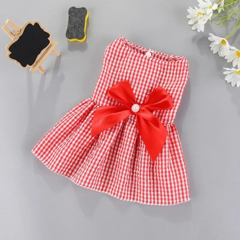 A red and white gingham summer bow dress for small pets, styled like a princess outfit.
