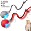 A silicone cat toy featuring three modes: Fast, Slow, and Interactive, shown with a red version and a tabby cat.