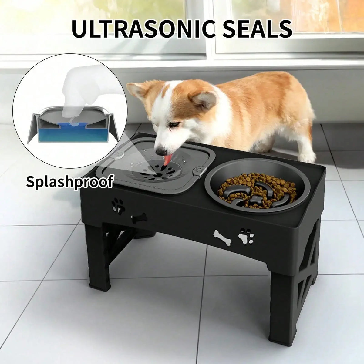 An ultrasonic seal dog bowl stand is shown with a dog eating from the bowl on a black platform.