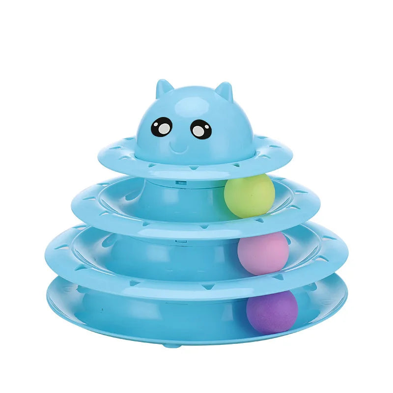 A blue 3-layer cat turntable toy with a head and balls for play.