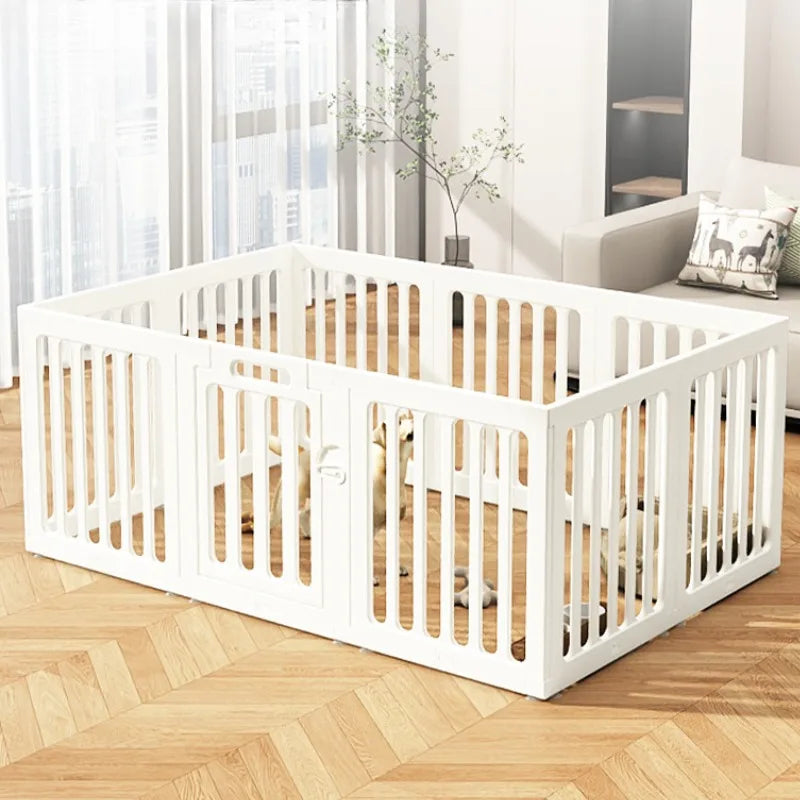 A white heavy duty pet fence cage with suction cups is shown on a wooden floor.