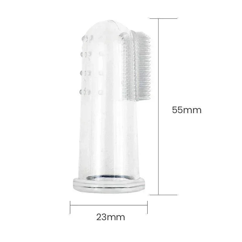A clear silicone finger toothbrush for dogs with bristles, shown in a side view.