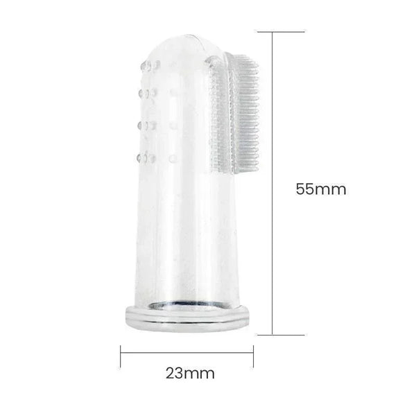 A clear silicone finger toothbrush for dogs with bristles, shown in a side view.