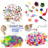 A large bundle of mixed cat play toys including balls, string toys, and various colorful items.