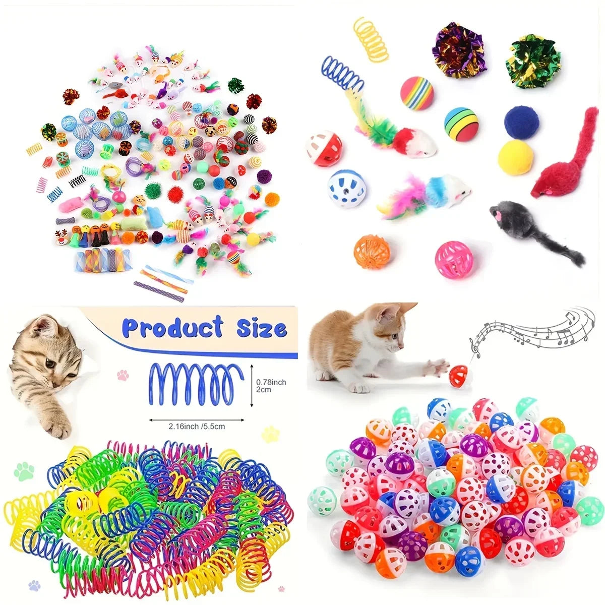 A large bundle of mixed cat play toys including balls, string toys, and various colorful items.