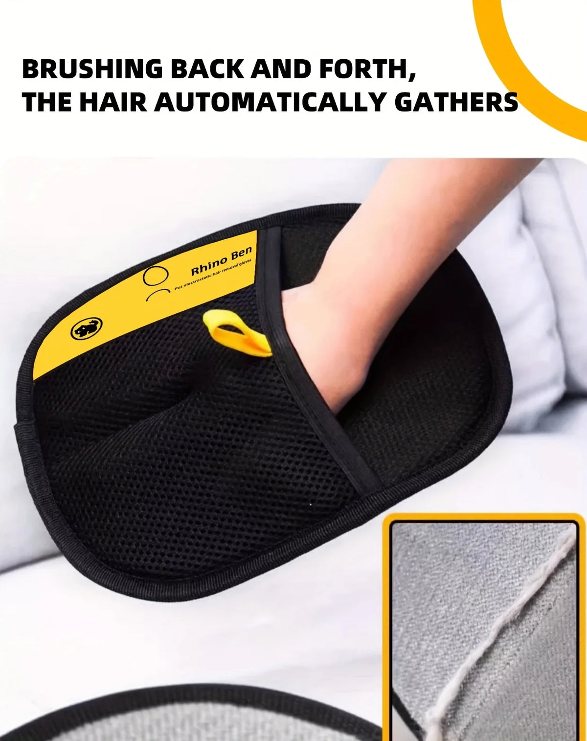 A hand is using a black grooming glove to brush hair back and forth on a pet.