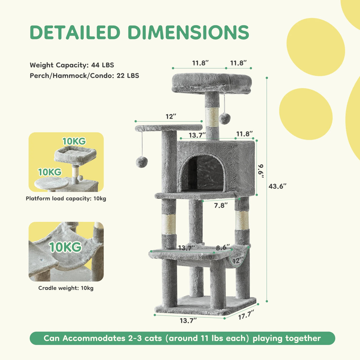 A multi-level sisal cat climbing tree showing various load capacities and dimensions.
