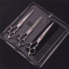 A black zippered case containing a professional stainless steel pet grooming scissors set including various grooming tools.