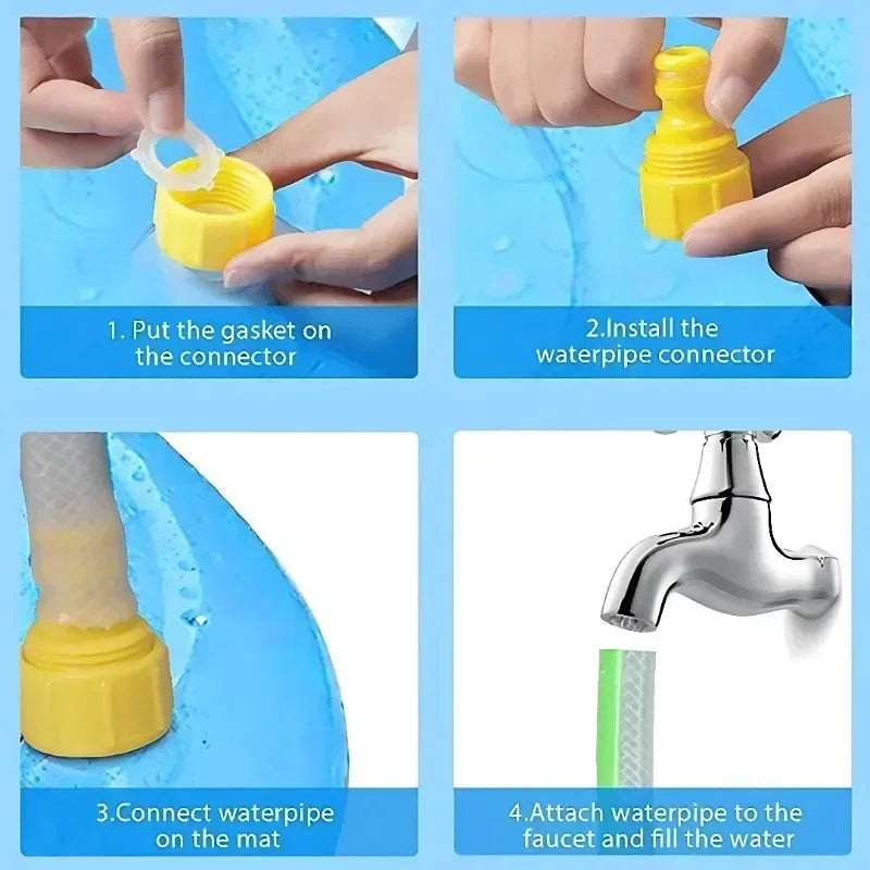 Instructions showing how to install a gasket, connect a waterpipe, and attach a waterpipe to a faucet.