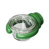 A transparent hanging bird feeder box with a green, detachable design.