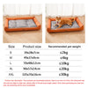 An orange orthopedic dog bed shown in two views, demonstrating various sizes and dimensions.