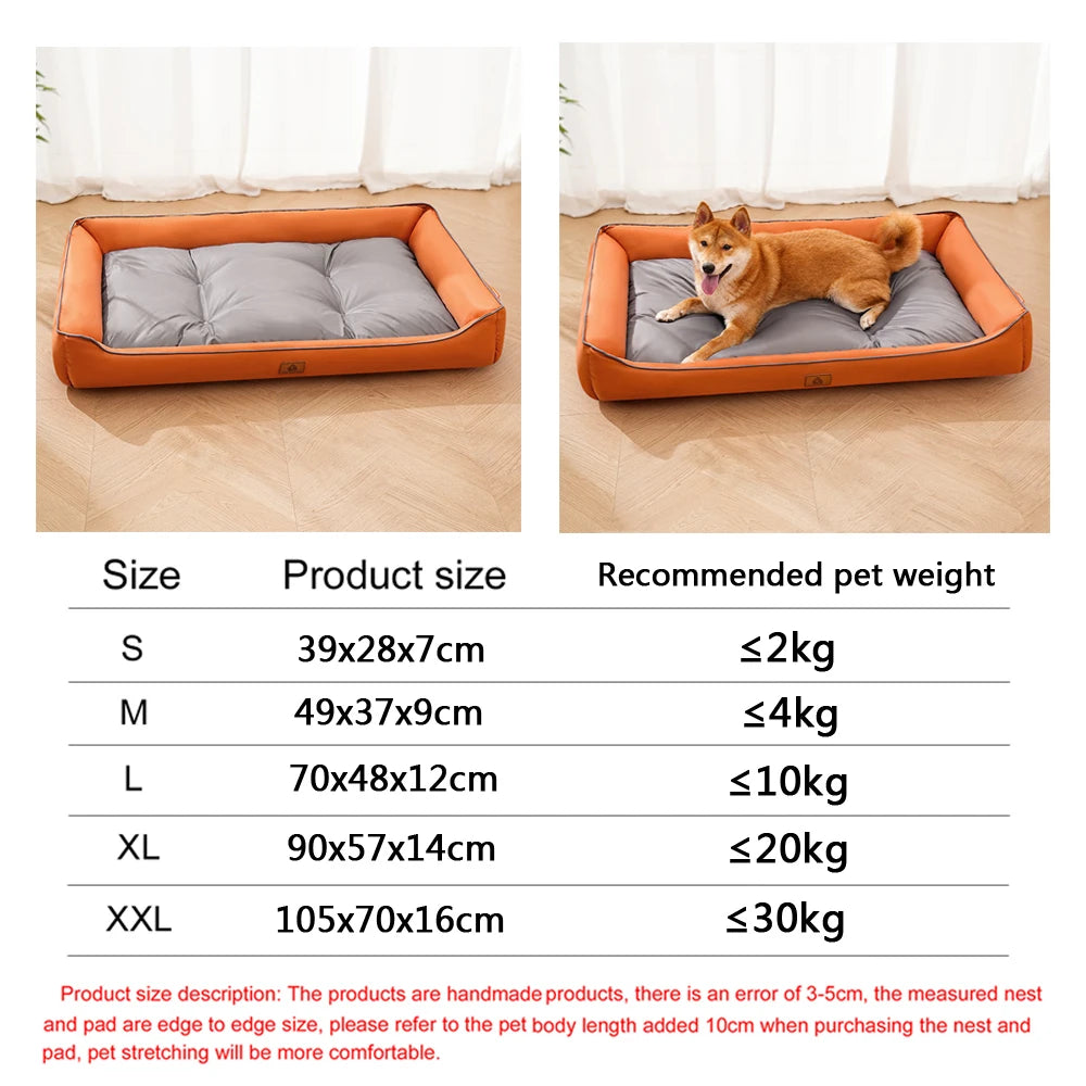 An orange orthopedic dog bed shown in two views, demonstrating various sizes and dimensions.