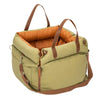 A olive green durable pet car seat with brown straps and a padded interior.