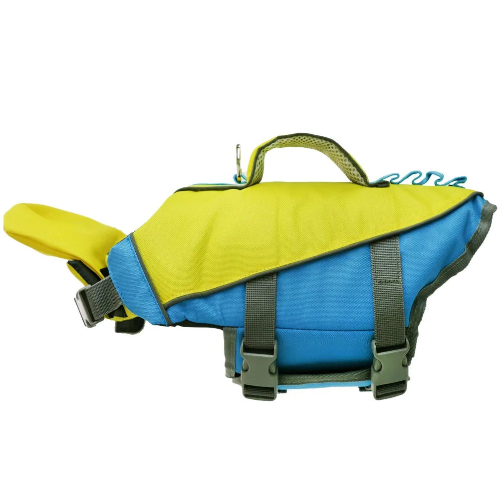 A bright yellow and blue reflective dog life jacket for water sports.