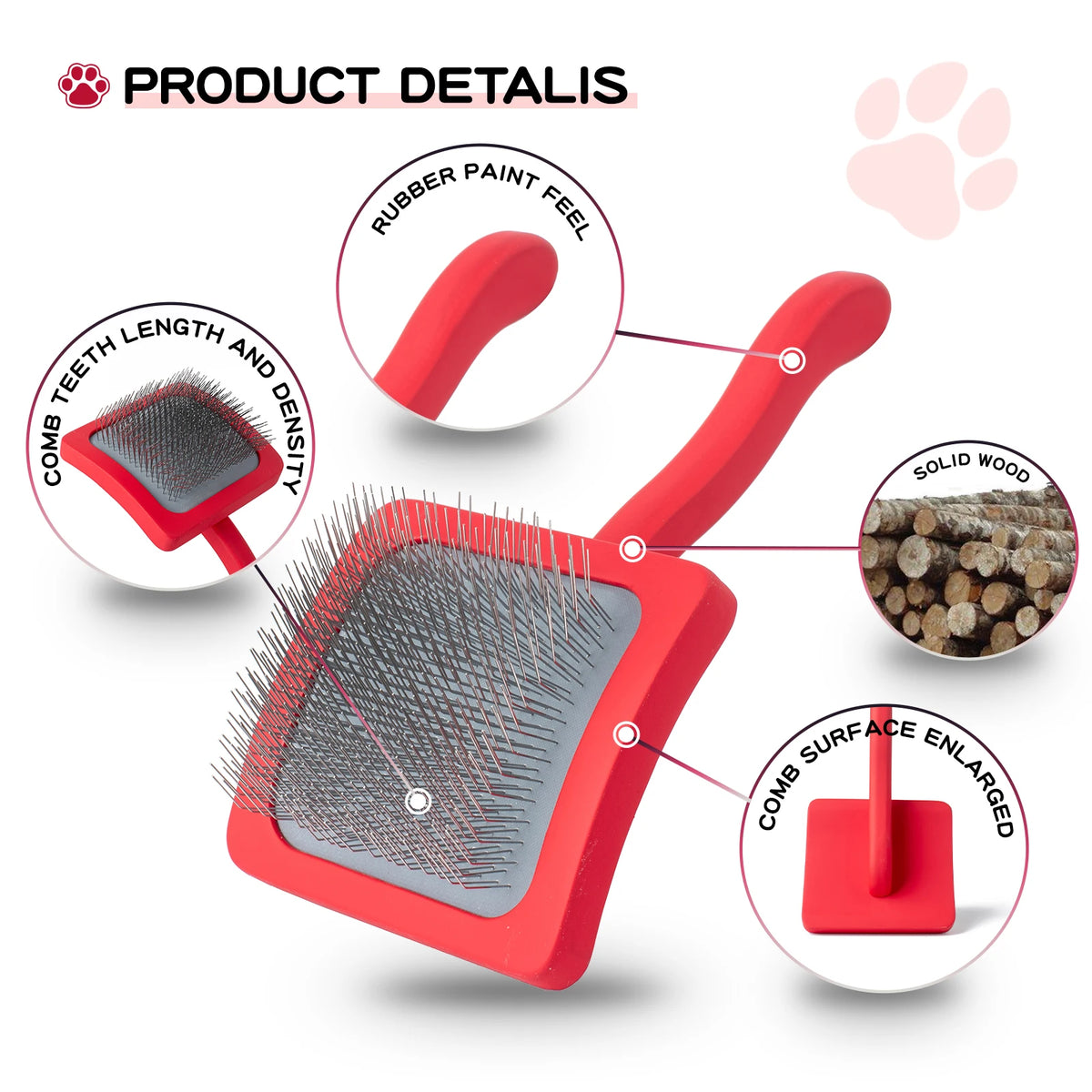Cepillo para mascotas rojo con cerdas, mostrando detalles como tacto de goma, longitud y densidad de los dientes, y madera só
