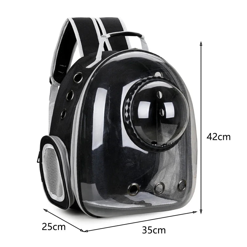 A black transparent pet carrier backpack shown from the side with dimensions 42cm high and 35cm wide.