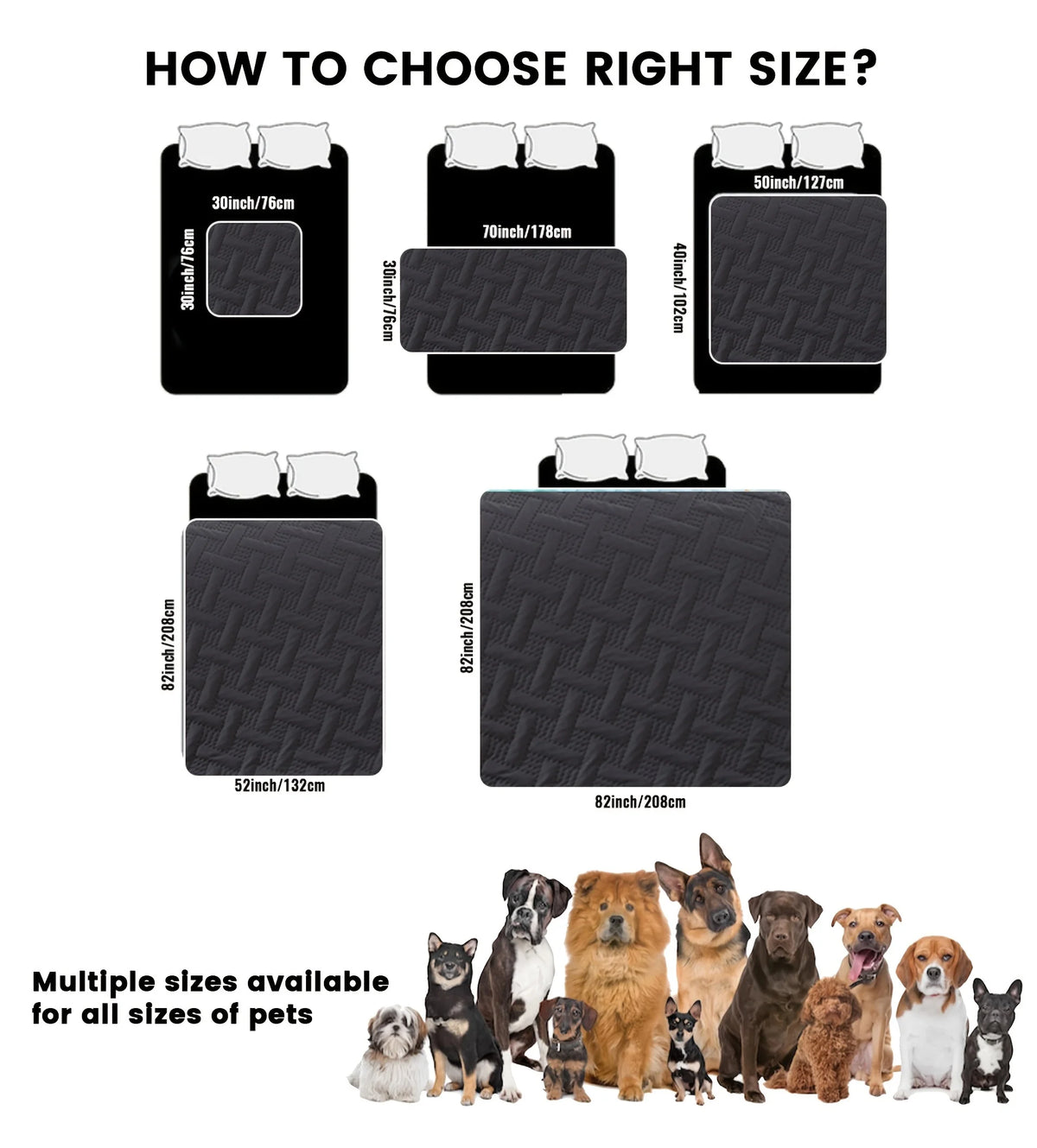 A display showing various sizes of reversible waterproof pet mats for different sized pets.