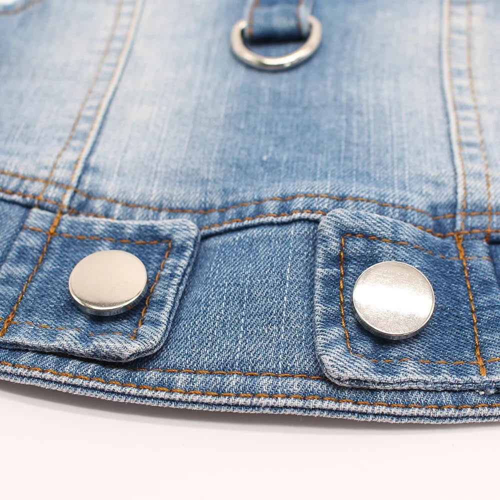 Close-up of a classic blue denim dog jacket showing stitching and silver metal snaps.