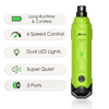 A lime green rechargeable dog nail grinder with features including long-runtime, 6 speed control, dual LED lights, super quie