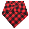 A red and black plaid bandana folded into a triangle