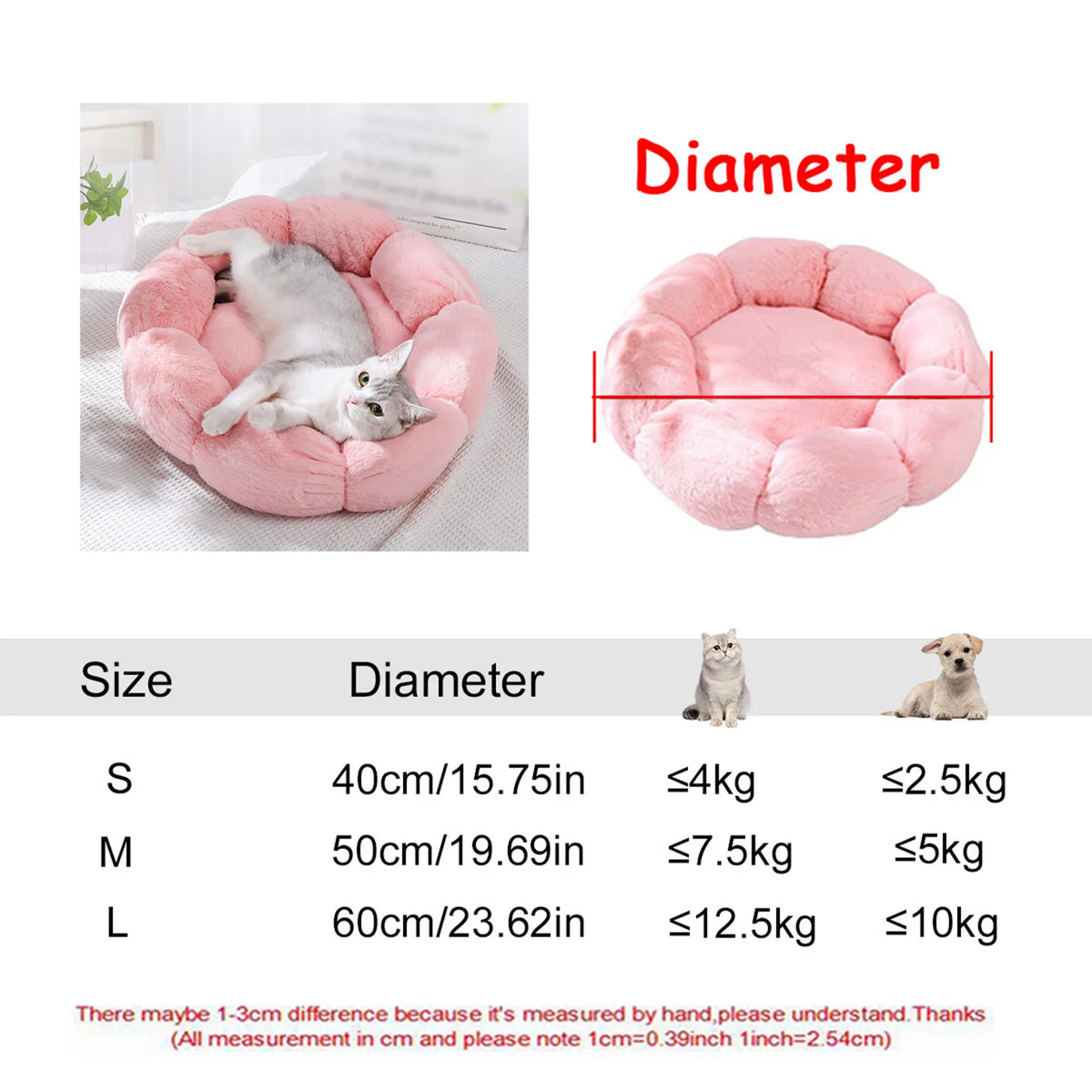 Pink plush round pet bed for cats and small dogs with a removable cover