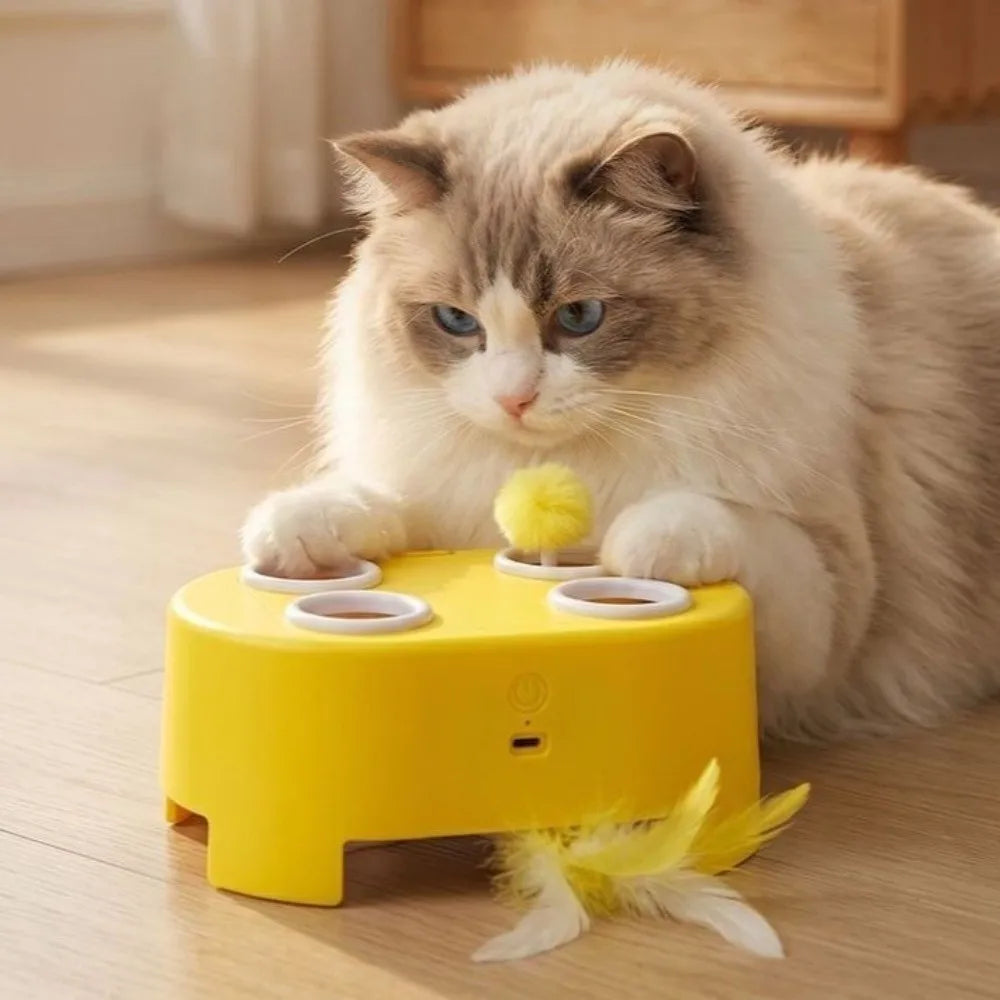 A fluffy tabby cat is interacting with a yellow interactive toy featuring feathers and a rotating base.