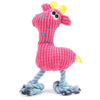 A pink plush toy shaped like a giraffe with yellow accents and blue braided rope legs.