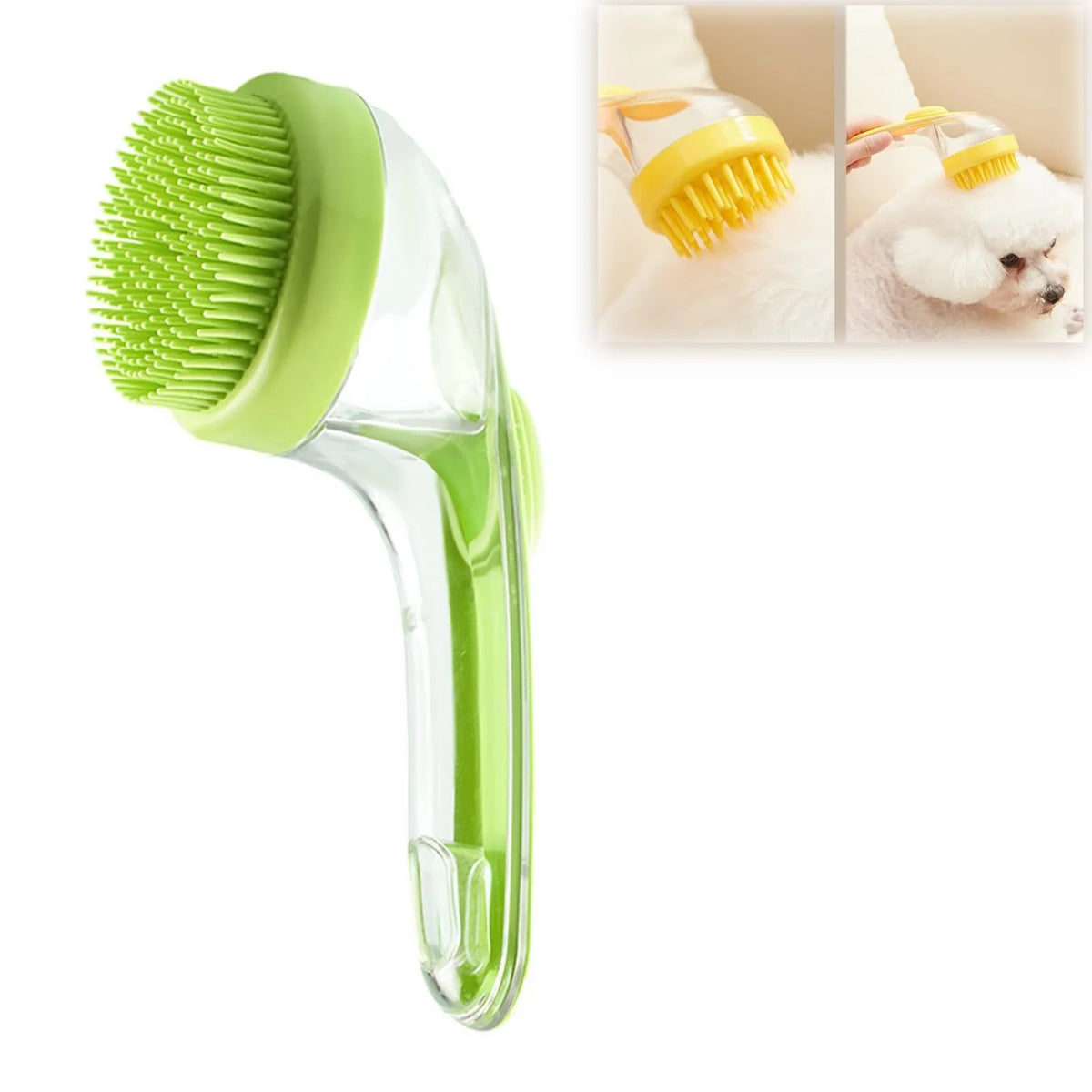 A clear silicone pet bath brush with a green handle and yellow bristles, shown next to a small white dog.