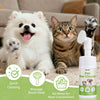 A fluffy white dog and a tabby cat are pictured next to a bottle of Pet Paw Cleaner for quick cleaning and massage.