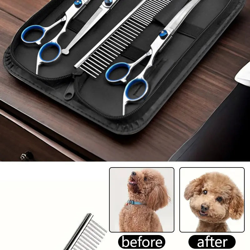 Set aus Edelstahl-Grooming-Schere und Kamm in schwarzer Hülle