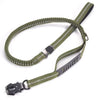 Olive green reflective bungee dog leash with a car seatbelt clip.