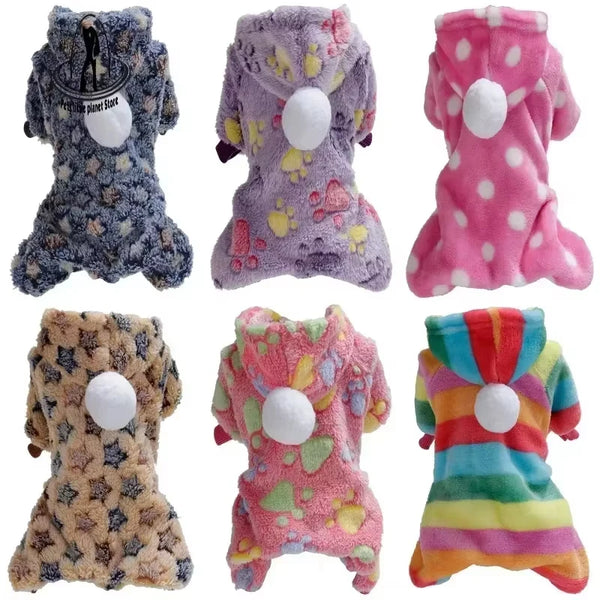 A collection of colorful flannel dog clothing featuring various patterns and colors like purple pink and multi-colored stripe