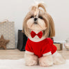 A light tan Shih Tzu dog wearing a red bow tie and a red sweater, sitting on a white rug.