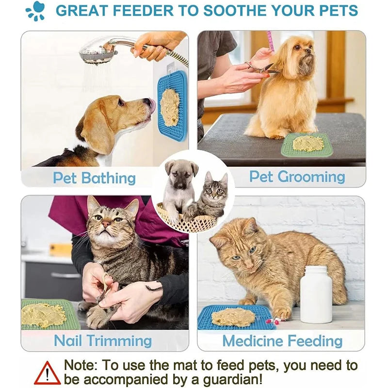 Silicone lick mats for pets used for bathing, grooming, nail trimming, and medicine feeding