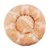 A round, light brown plush pet bed with white stripes, designed for dogs and cats.