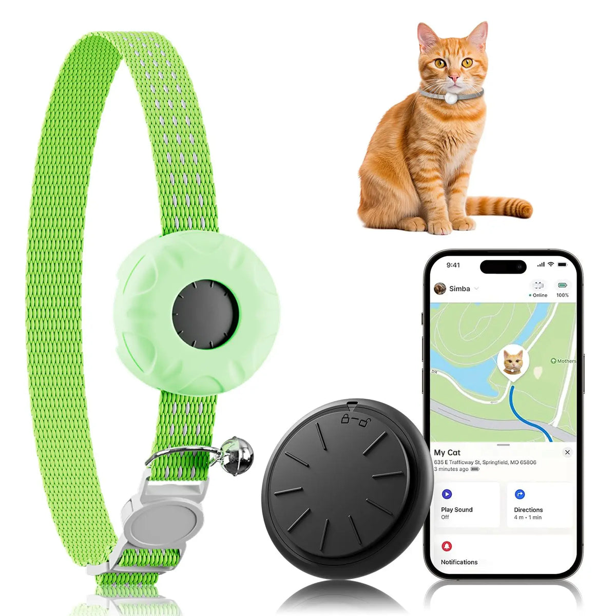A green waterproof GPS pet tracker collar for cats and small dogs shown next to a cat and a smartphone displaying tracking in