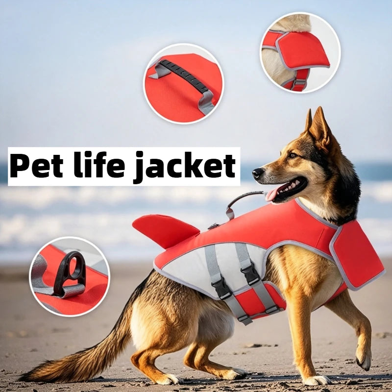 Un chien portant une veste de sauvetage rouge pour la sécurité et le remorquage.