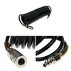 Black heavy-duty air compressor hose with quick coupler and PE adapter coiled for storage