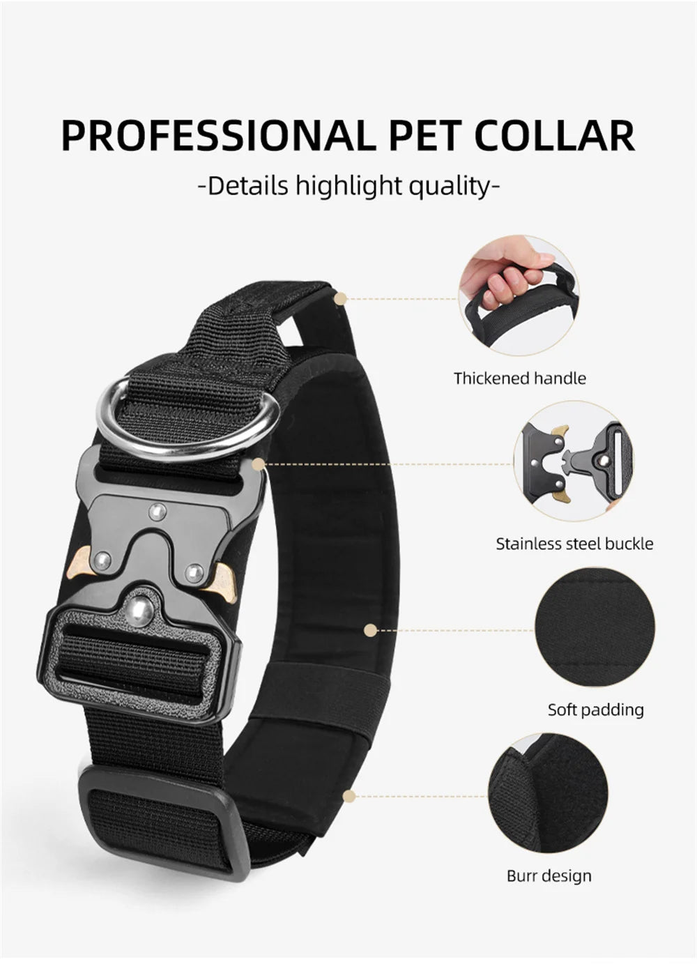 A black professional pet collar with a stainless steel buckle, padded underside, and burr design.