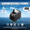 A black submersible pump is shown against a blue water background with specifications like 8W, 1m lift, and 450 L/H flow.