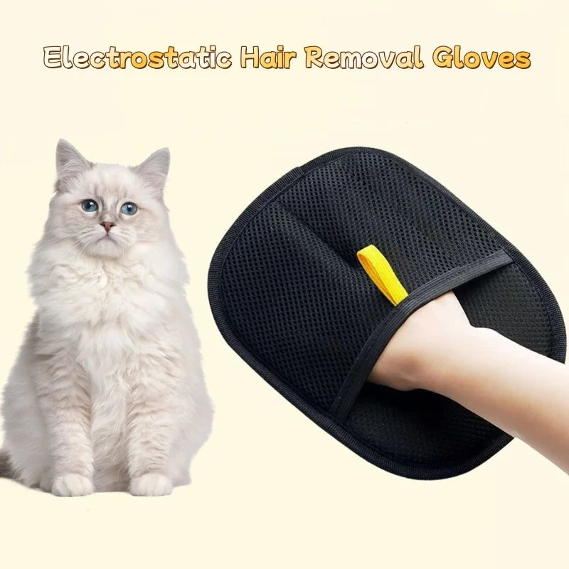 Ein schwarzes elektrostatische Haarentfernungshandschuh wird auf eine Katze verwendet.