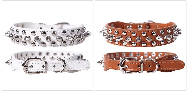 A set of adjustable leather spiked dog collars in silver and tan colors with buckle closures.