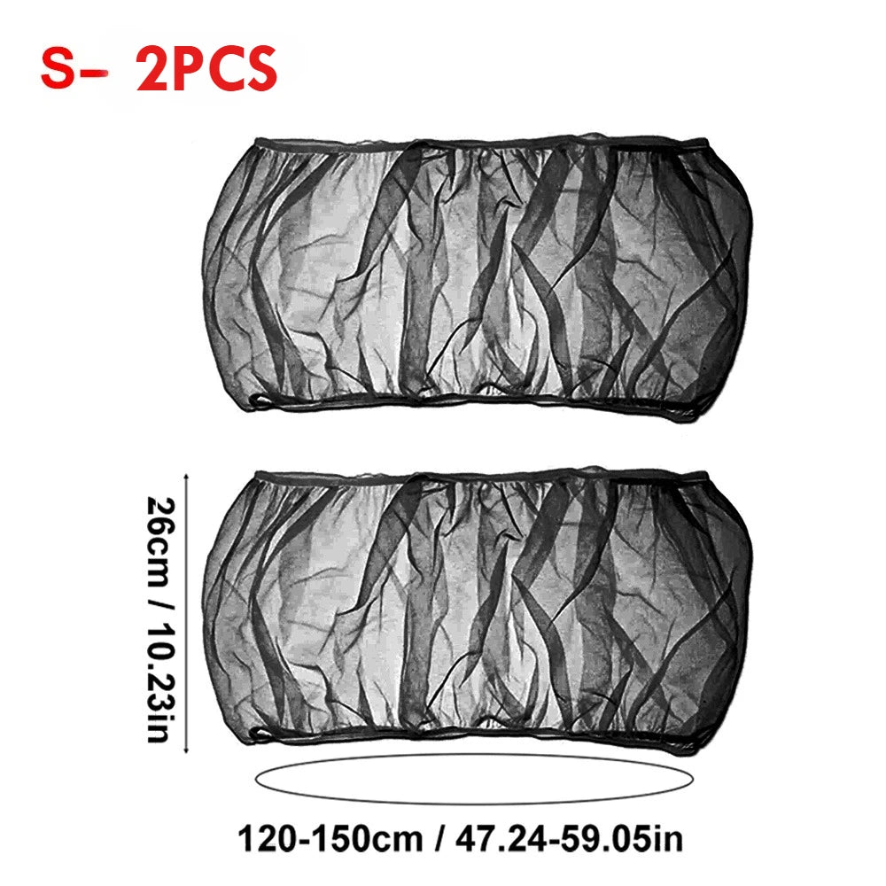 Black stretchy bird cage seed guard net, shown flat with dimensions 120-150cm long.