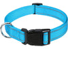 A bright blue nylon dog collar with a black buckle and silver clasp.