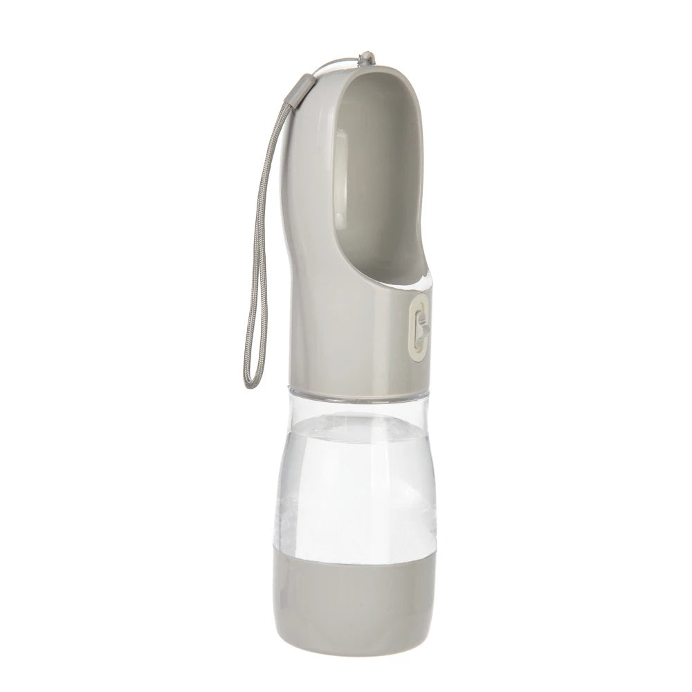 A light gray portable 2-in-1 dog water bottle and food dispenser with a spout and clear reservoir.