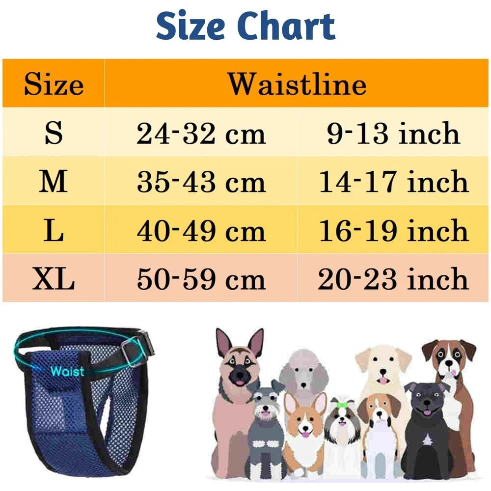 Size chart and various sizes of reusable washable dog diapers for female dogs