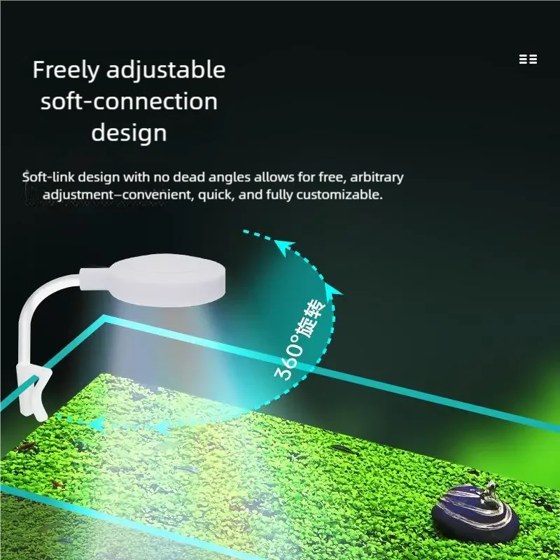 Une lampe LED pour aquarium à clip illumine une surface verte, montrant sa conception à connexion souple ajustable.
