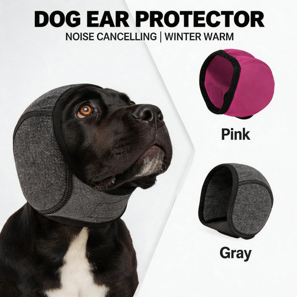 A black and white dog is wearing a gray ear protector, with pink and gray versions shown separately.